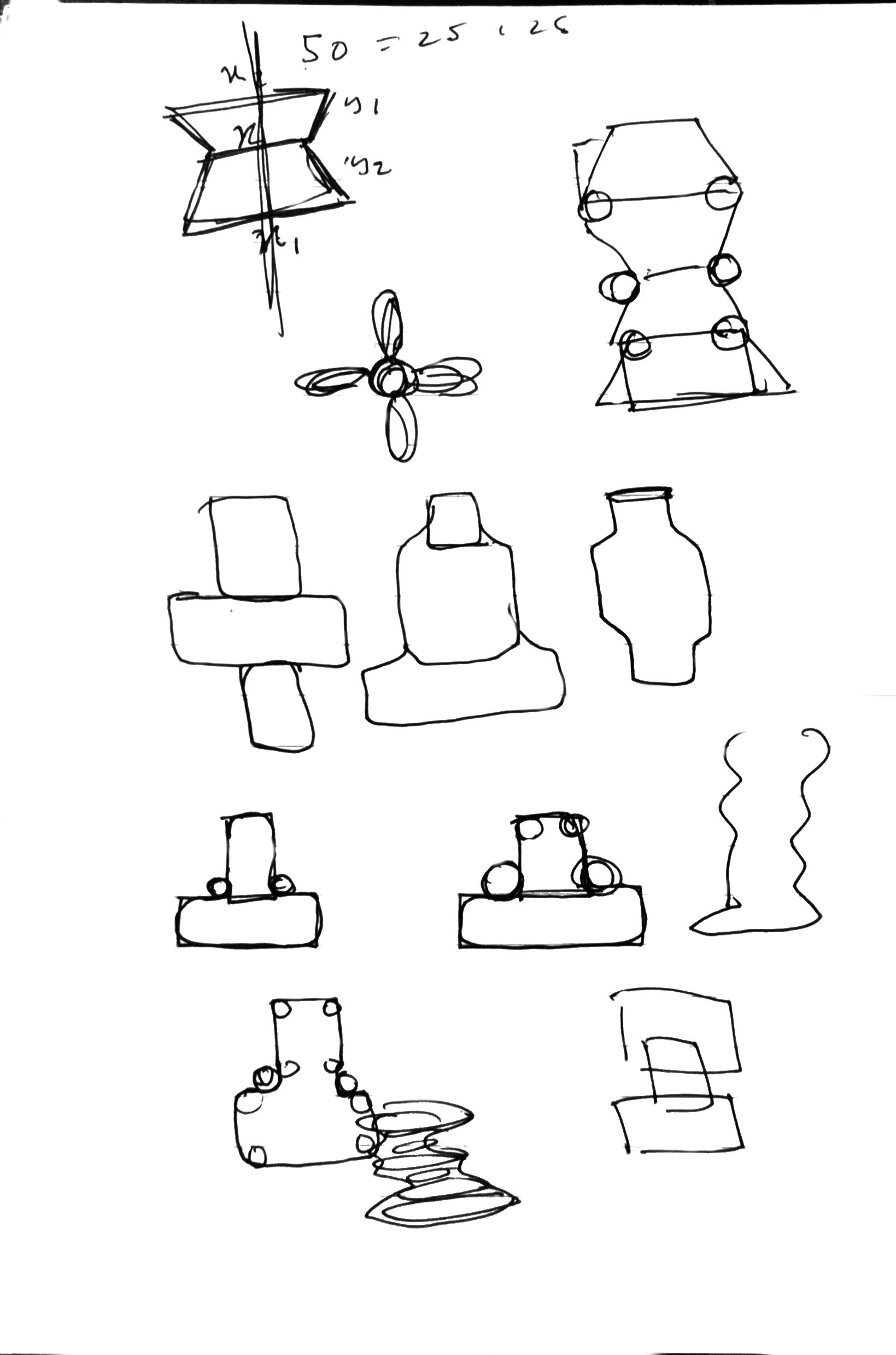 rough sketches detailing out strange coffee mug shapes that I want to create, divided into simple shapes such as rectangles, and circles.